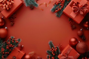 Red Background With Presents and Christmas Decorations