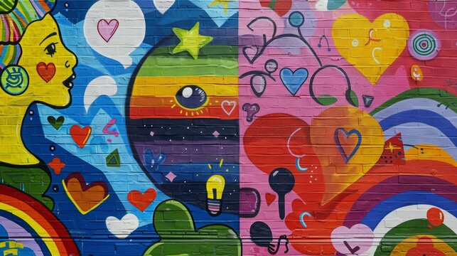 Artistic representation of LGBTQ+ symbols and icons in a colorful mural