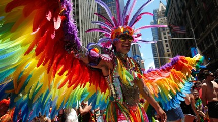 Vibrant pride parade with costumed participants and elaborate floats