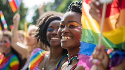 LGBTQ+ youth smiling and holding pride signs at a rally