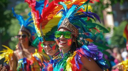 Pride celebration with artistic performers and vibrant costumes