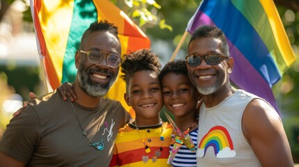 LGBTQ+ family posing together with pride flags and smiling