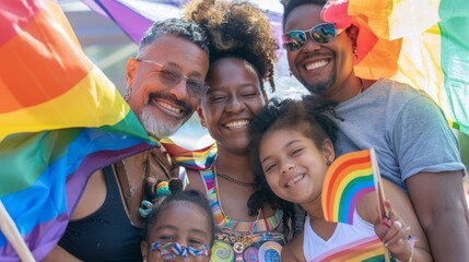 LGBTQ+ family posing together with pride flags and smiling