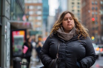 Fototapeta premium Woman in a black coat walking through a city street, looking serious, urban life, focus on obesity and social interaction challenges