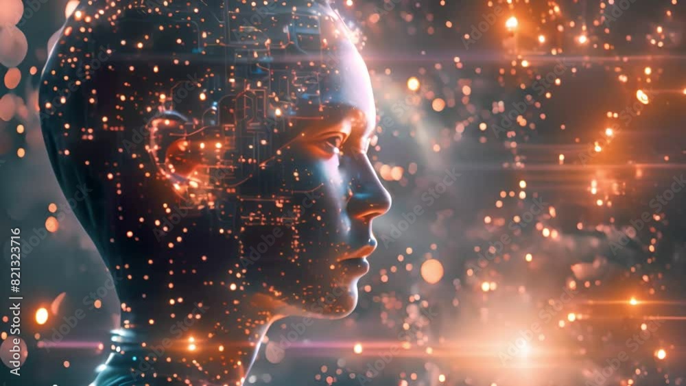 Poster a futuristic depiction of a womans head, showcasing advanced technology and innovative design elemen