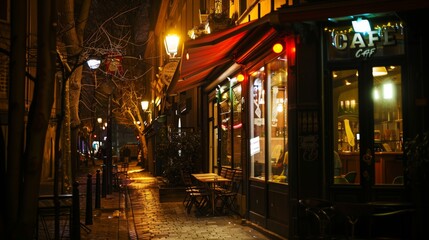 Naklejka premium A late-night café with soft lights creates a cozy, secluded corner for night owls, a haven of warmth and whispers.