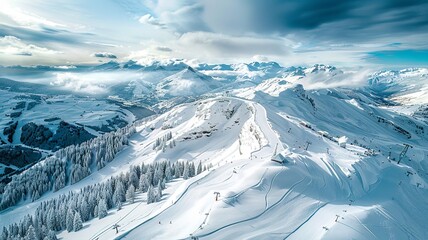 AI generated image of a wonderful ski paradise, beautiful weather, snow-capped mountains, all shown from a bird's eye view