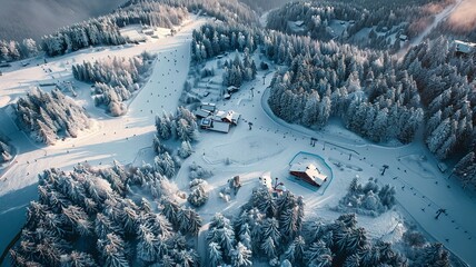 AI generated image of a wonderful ski paradise, beautiful weather, snow-capped mountains, all shown from a bird's eye view