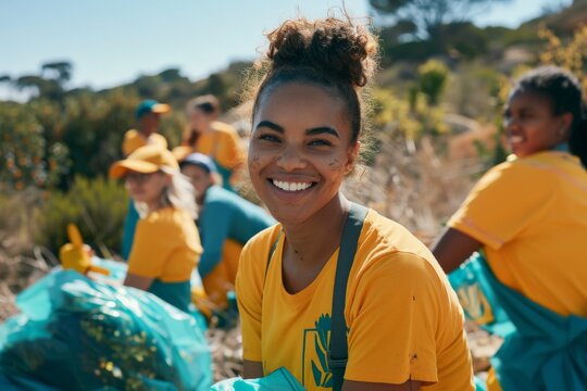 Environmental activists wearing yellow shirts and blue aprons cleaning the forest