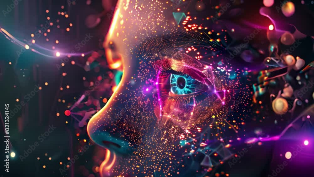 Poster a vibrant, futuristic close-up of a human face merged with digital elements, featuring bright, color