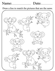 Koala Puzzle. Printable Activity Page for Kids. Educational Resources for School for Kids. Kids Activity Worksheet. Match Similar Shapes