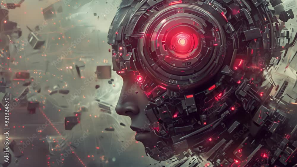 Poster a close-up view of a robot head featuring bright red glowing eyes, showcasing futuristic design elem