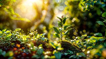 Small plant sprouts out of the ground in the sun light.