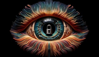 An artistic representation of a human eye with a lock inside it, symbolizing themes of secrecy, protection, and hidden truths. The intricate details of the eye and lock create a mysterious and