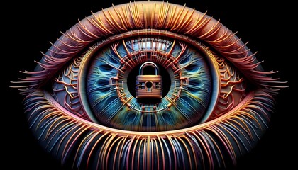 A human eye with a metal lock embedded within its iris, creating a surreal and mysterious visual concept.