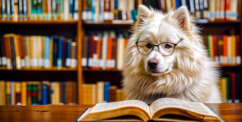 Dog wearing glasses reading book in front of bookshelf.