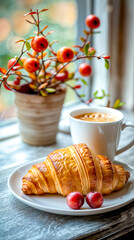 Croissant sitting on plate next to cup of coffee.