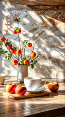 Table topped with two cups and vase filled with oranges and apples.