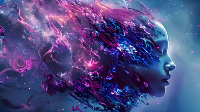A surreal digital artwork depicting a womans face seamlessly merging with vibrant cosmic and nebula-like elements, creating a dreamlike, ethereal effect.