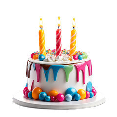 a birthday cake with strawberries on it and a cake with candles lit up isolated