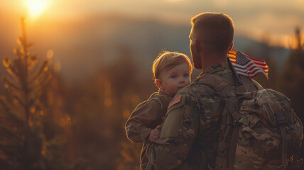 Military man father carrying happy little son with american flag on shoulders and enjoying generative ai