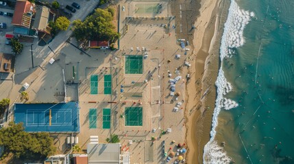 Aerial View of Professional Beach Volleyball Tournament Along Coastline for Event Promotion Poster