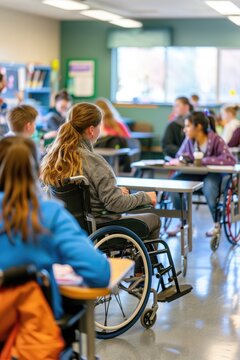 An inclusive classroom scene where a student in a wheelchair is participating in group activities, with accessible desks and adaptive equipment, highlighting tailored accommodations for mobility
