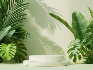 Empty podium mockup surrounded by lush tropical leaves. Ideal for showcasing cosmetics, eco-friendly products, and nature-themed displays.