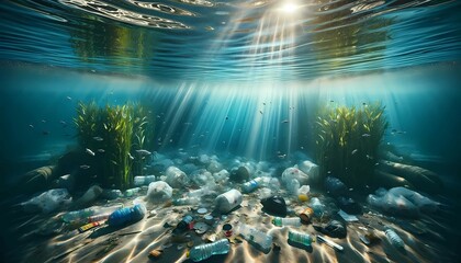 The underwater view shows a disturbing scene of various types of trash, including plastic bottles, bags, and debris, floating in the ocean. The pollution is a stark reminder of the environmental