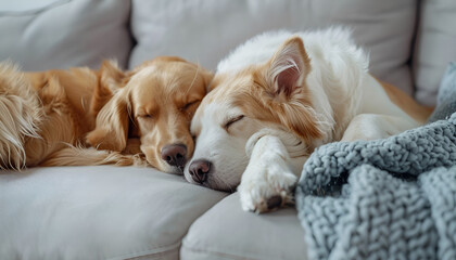 Obraz premium Adorable dogs resting together on sofa indoors. Animal friendship