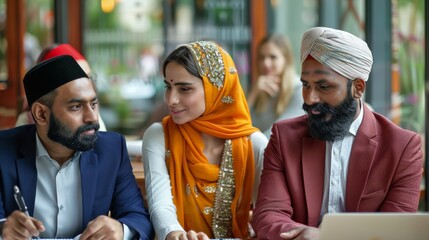 Obraz premium Multicultural Business Meeting with Diverse Professionals in Traditional Attire Discussing Partnerships - Design for Print, Card, Poster