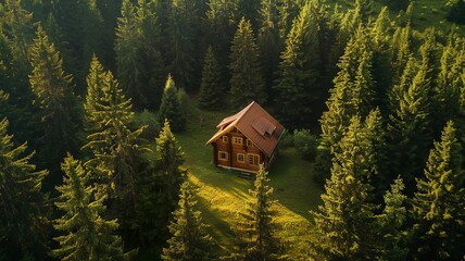 AI generated image of a wonderful place that is isolated, wooden house in the middle of the forest, all shown from a bird's eye view