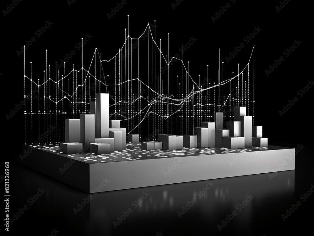Poster 3D graph and bar chart illustration. Analyzing data metrics and trends with abstract technology on a black background.