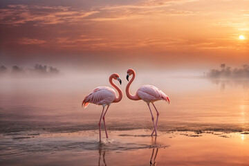 Couple pink flamingos on lake at sunset