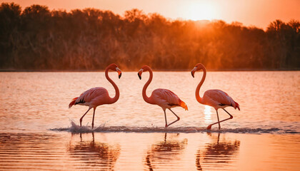 Obraz premium Three pink flamingos on lake on shoal at sunset