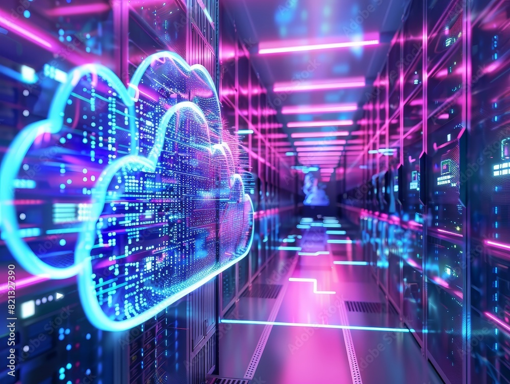 Aufkleber A futuristic data center with neon lights, showcasing cloud computing technology and server management in a secure environment.