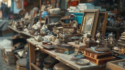 A wooden stand at a bustling flea market showcases an eclectic collection of vintage objects.
