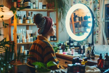 Content Creator Recording Skincare Routine for Social Media in Artistic Vanity Room Design for Influencer Marketing