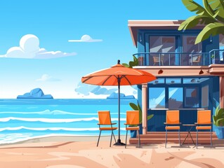 Obraz premium A picturesque beach house with an ocean view, orange chairs, and an umbrella in the tropical setting, perfect for vacation and relaxation.