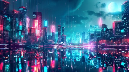 Design a futuristic cityscape wallpaper using neon colors and abstract shapes. --ar 16:9 Job ID: 5be24e6c-1d86-4cde-ab32-513fcb08dcd5