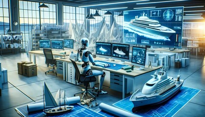 A futuristic office is shown with a sleek computer on the desk and a small boat placed nearby. The scene combines technology and nature in a unique way.
