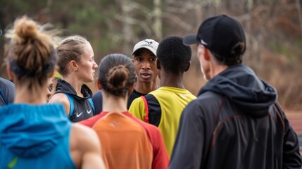 A coach gives a team of runners pointers on how to improve their neutron moderation techniques for the next race.