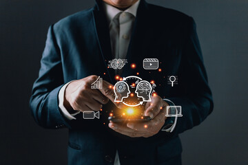Man touch icon ai and use smartphone, Marketers education, research, analyze media video streaming content creation and online marketing strategies to grow their digital business. Ai generates concept