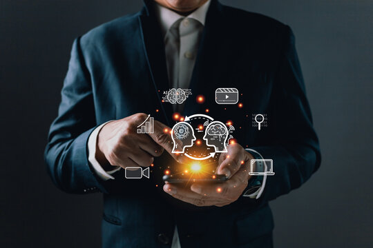 Man touch icon ai and use smartphone, Marketers education, research, analyze media video streaming content creation and online marketing strategies to grow their digital business. Ai generates concept