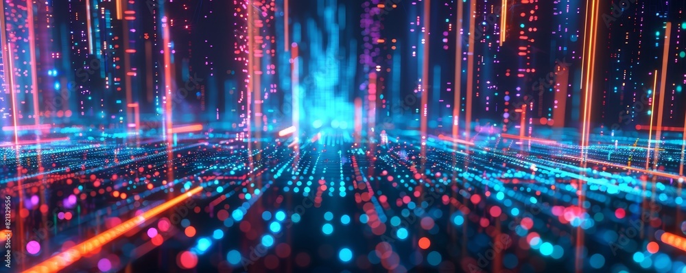 Aufkleber Abstract digital data network visualization with colorful light trails and dots, representing futuristic technology and connectivity.