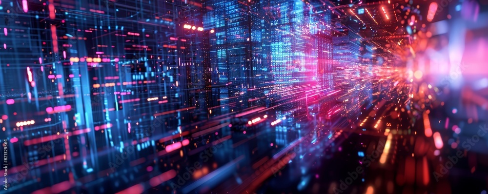Poster Abstract digital data flow in a futuristic technology tunnel with bright glowing lights and lines. Perfect for tech and innovation visuals.