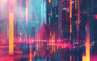 Abstract digital cityscape with vibrant neon lights and futuristic skyscrapers in a glowing urban environment.