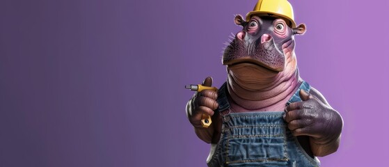A hippopotamus wearing overalls and a hard hat, holding a wrench and giving a thumbs up, against a purple background with copy space