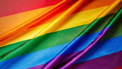 Obraz premium raised, shiny lgbt flag with bright colors, graphic, background texture close-up, macro shot of fabric, textiles, synthetics, queer pride month