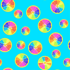 Abstract pattern of colorful lemons on a blue background.